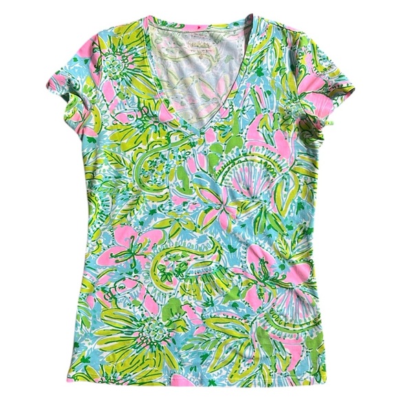 Lilly Pulitzer Women’s XS Seashell Vneck Michele Coconut Grove Floral Bright Top - Picture 2 of 8
